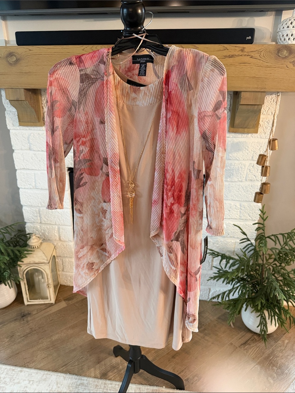 R&M Richards Pink Floral Midi Dress with Sheer Duster